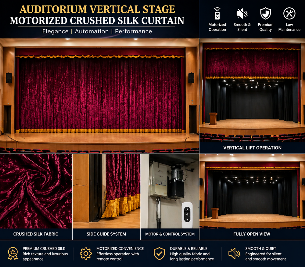Auditorium  Vertical Stage Motorized Crushed Silk Curtain