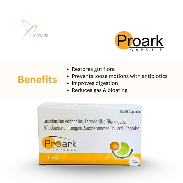 Bifidobacterium Longum 175.million Spores +Lactobacillus Acidophilus 1325.million Spores + Lactobacillus Rhamnosus 725 Million Spores + Saccharomyces Boulardi 275 Million Spores Prebiotic + Probiotic - Brand Name: Proark
