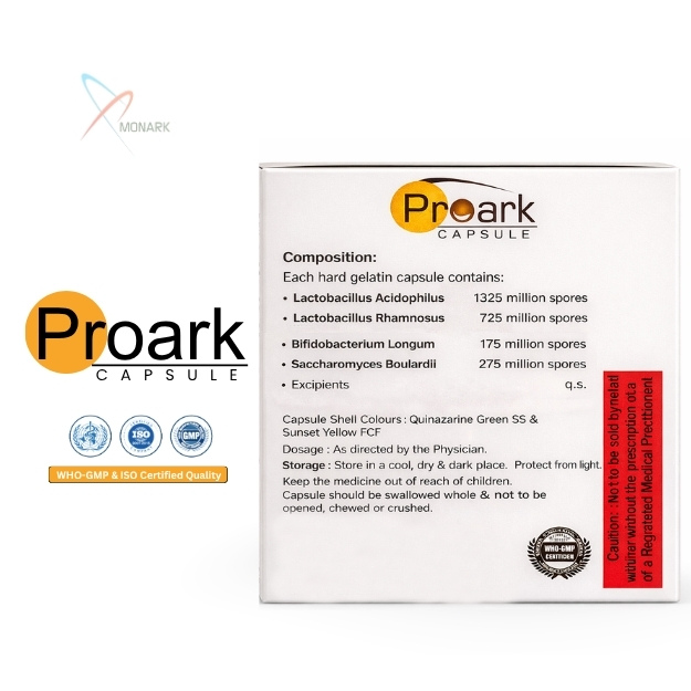 Bifidobacterium Longum 175.million Spores +Lactobacillus Acidophilus 1325.million Spores + Lactobacillus Rhamnosus 725 Million Spores + Saccharomyces Boulardi 275 Million Spores Prebiotic + Probiotic - Brand Name: Proark