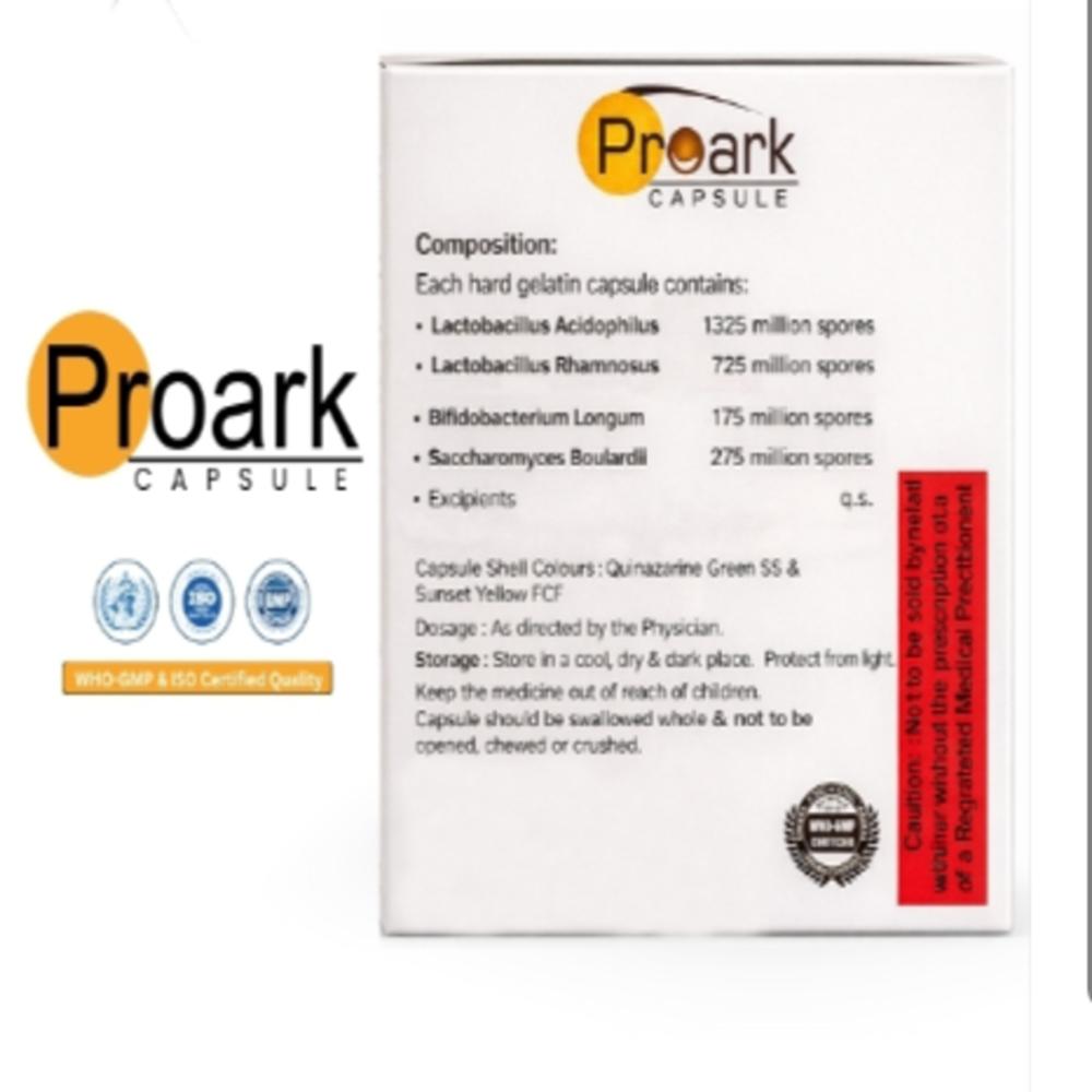 Bifidobacterium Longum 175.million Spores +Lactobacillus Acidophilus 1325.million Spores + Lactobacillus Rhamnosus 725 Million Spores + Saccharomyces Boulardi 275 Million Spores Prebiotic + Probiotic - Brand Name: Proark