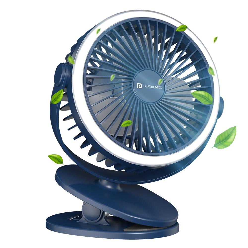 Portronics ClipCool Portable Rechargeable Clip-On Fan with Ring LED Light, Type-C Charging,