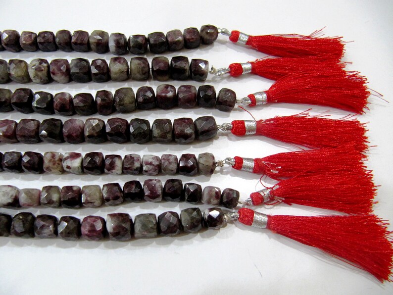 Natural Tourmaline Quartz Beads 3d Cube Box Shape Briolette 6mm To 8mm Beads Strand 8 Inches Long - Beads Colour: Pink