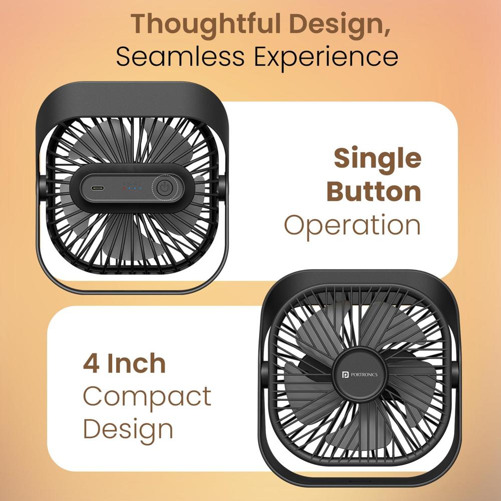 Portronics CoolCube Mini, 2-in-1 Desktop & Wall Fan, 2000mAh Battery, Type-C Charging, 360