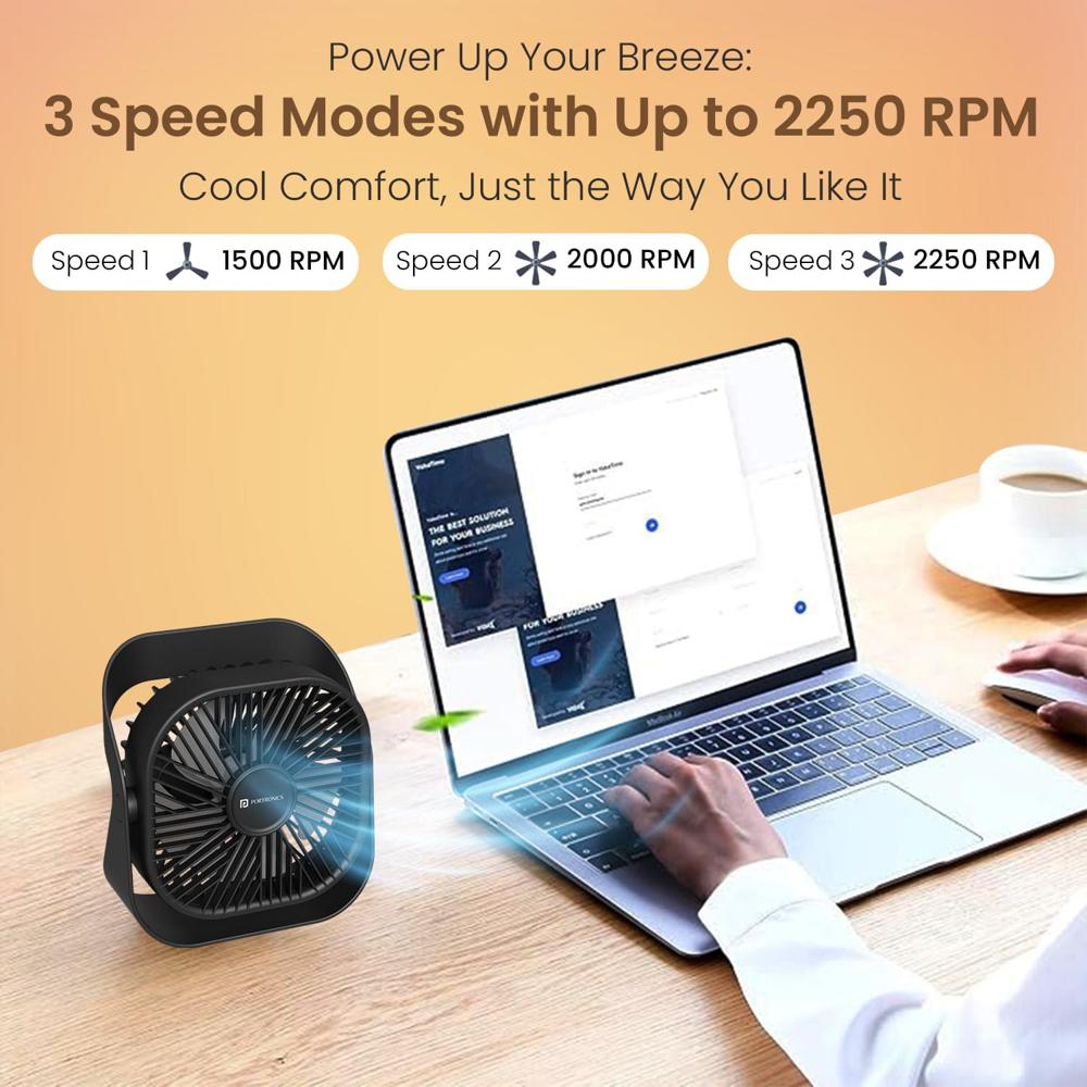 Portronics CoolCube Mini, 2-in-1 Desktop & Wall Fan, 2000mAh Battery, Type-C Charging, 360