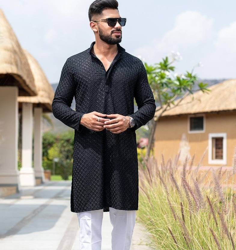 Mens Black Sequin Chikankari Kurta