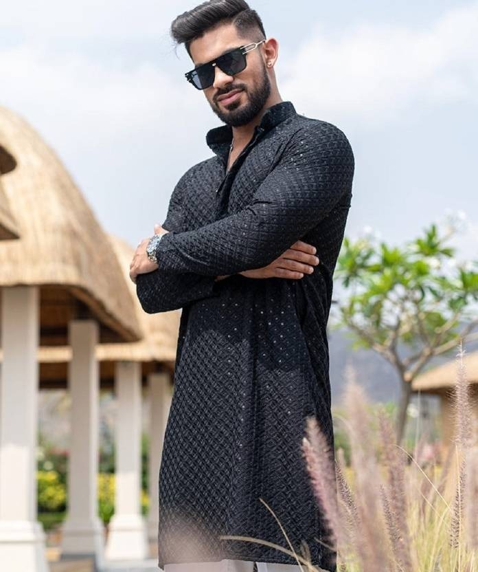 Mens Black Sequin Chikankari Kurta