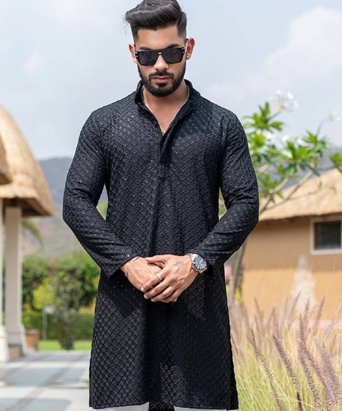 Mens Black Sequin Chikankari Kurta