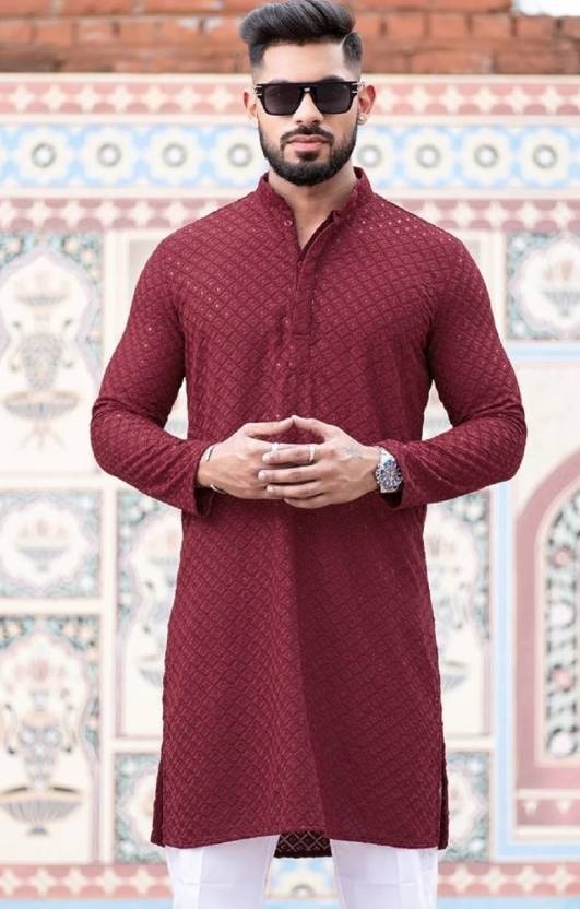 Maroon Chikankari Embroidered and Sequinned Kurta