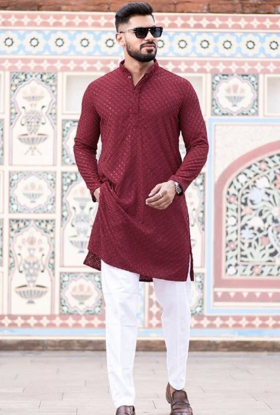 Maroon Chikankari Embroidered and Sequinned Kurta