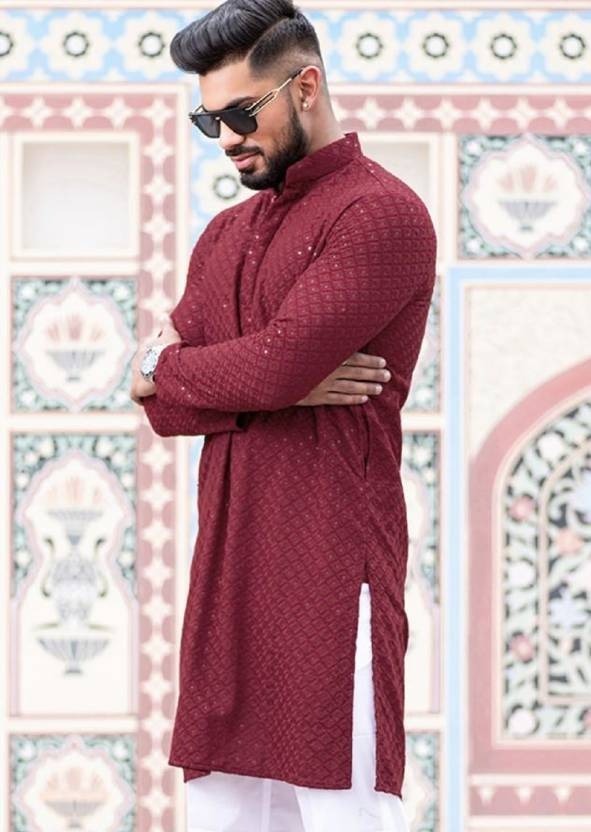 Maroon Chikankari Embroidered and Sequinned Kurta