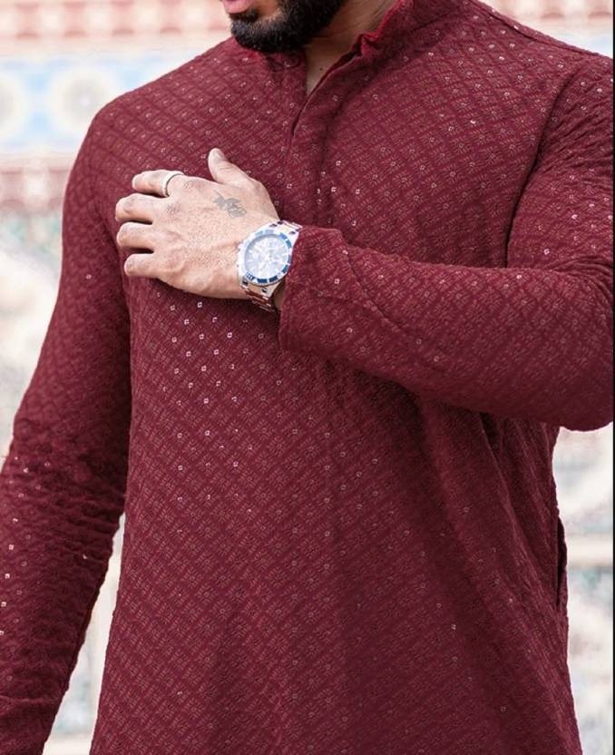 Maroon Chikankari Embroidered and Sequinned Kurta