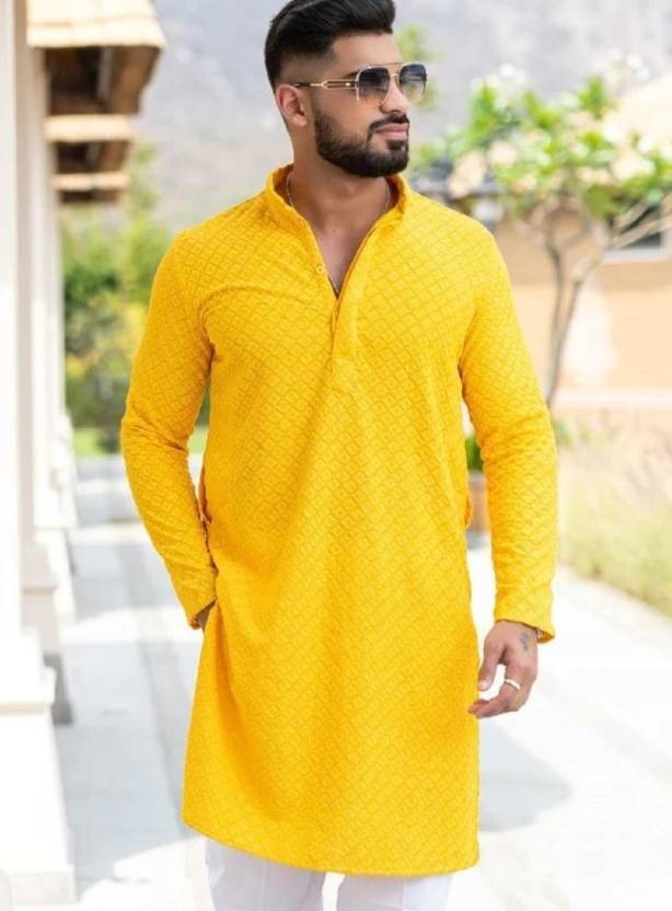 Mens Mustard Yellow Embroidered Kurta