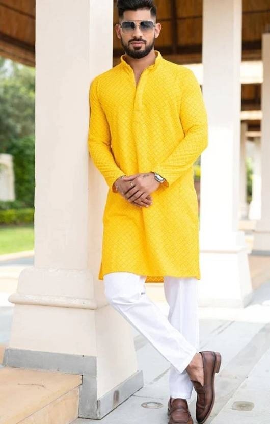 Mens Mustard Yellow Embroidered Kurta