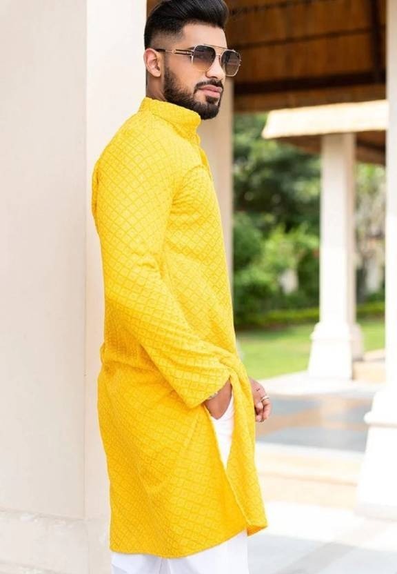 Mens Mustard Yellow Embroidered Kurta