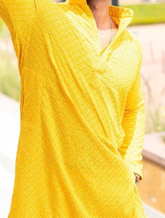 Mens Mustard Yellow Embroidered Kurta
