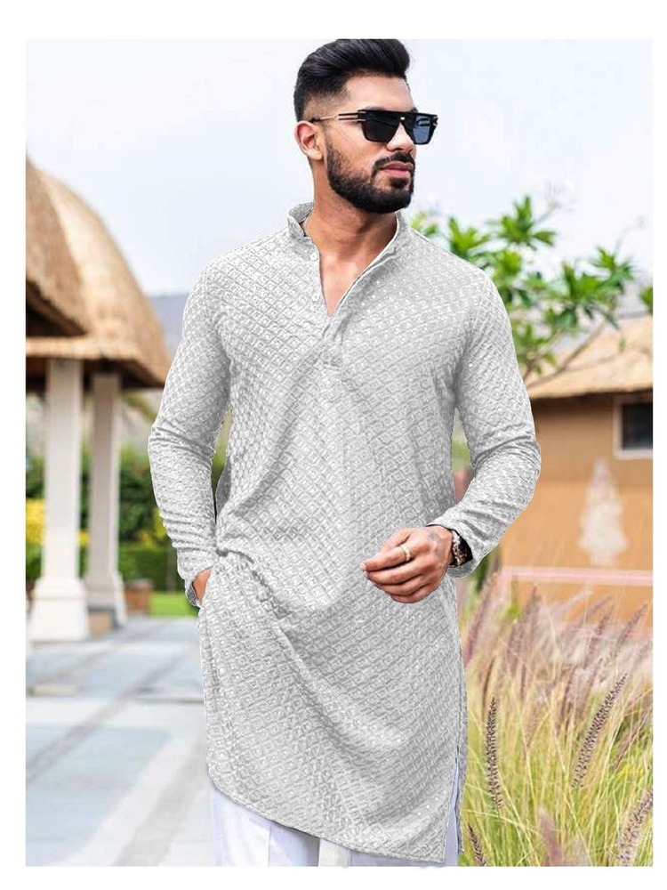 Mens White Chikan Embroidery Straight Kurta