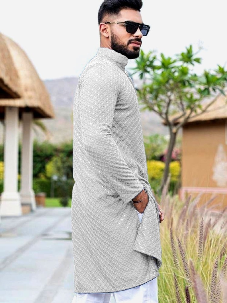 Mens White Chikan Embroidery Straight Kurta