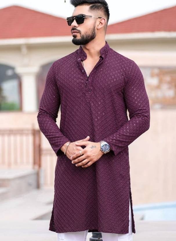 Mens Purple Embroidered Sequinned Kurta