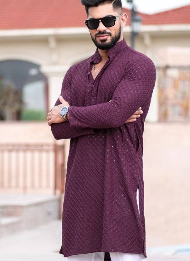 Mens Purple Embroidered Sequinned Kurta