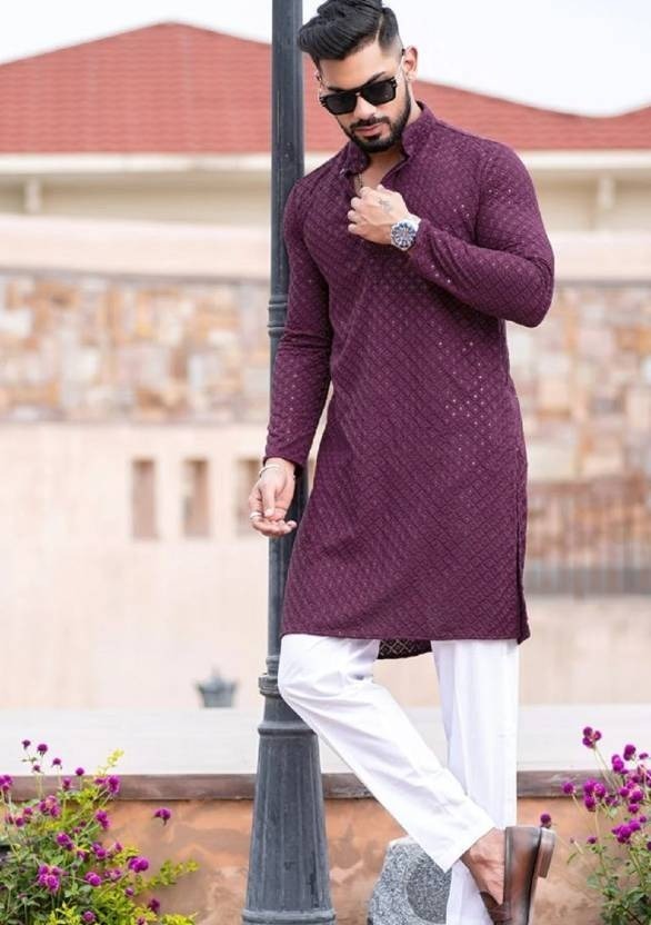 Mens Purple Embroidered Sequinned Kurta