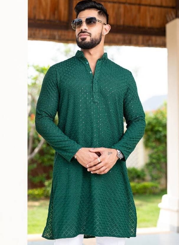 Mens Green Chikan Embroidery Sequined Kurta