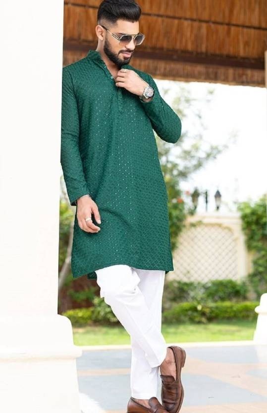 Mens Green Chikan Embroidery Sequined Kurta