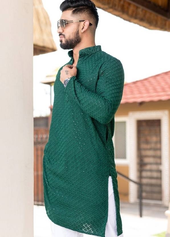 Mens Green Chikan Embroidery Sequined Kurta