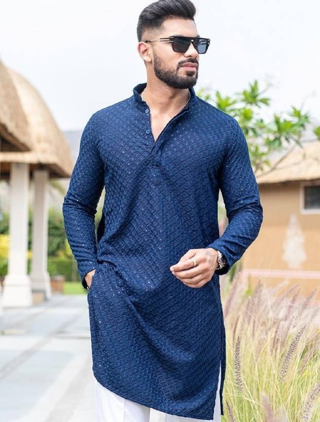 Mens Blue Regular Fit Rayon Kurta