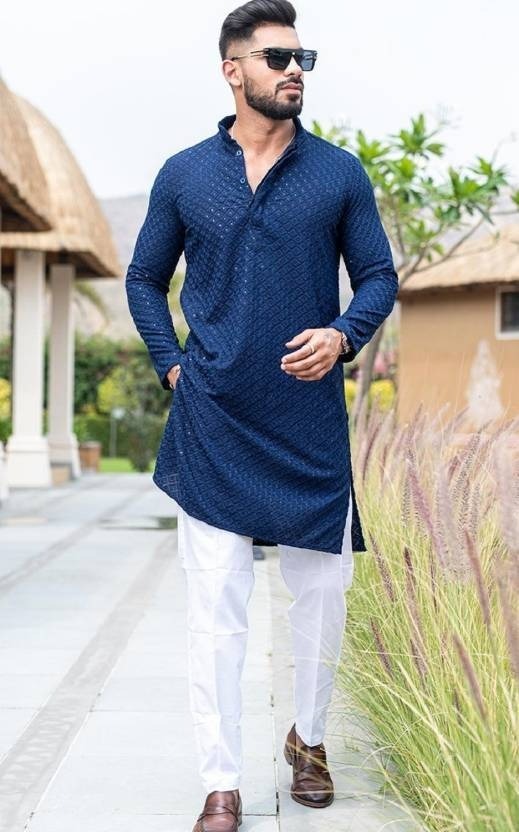 Mens Blue Regular Fit Rayon Kurta