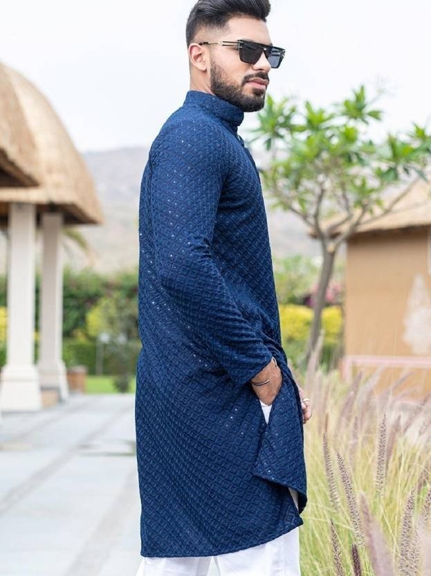 Mens Blue Regular Fit Rayon Kurta