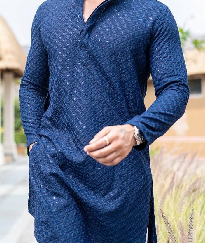 Mens Blue Regular Fit Rayon Kurta