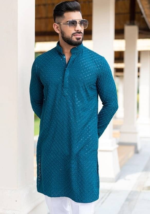 Mens Teal Blue Straight Fit Rayon Kurta