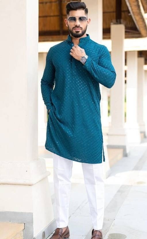 Mens Teal Blue Straight Fit Rayon Kurta