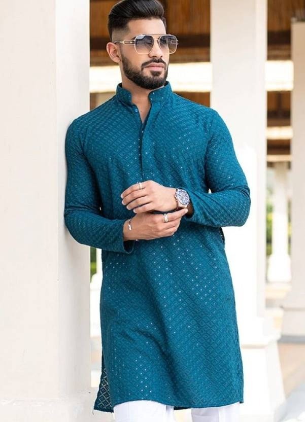Mens Teal Blue Straight Fit Rayon Kurta