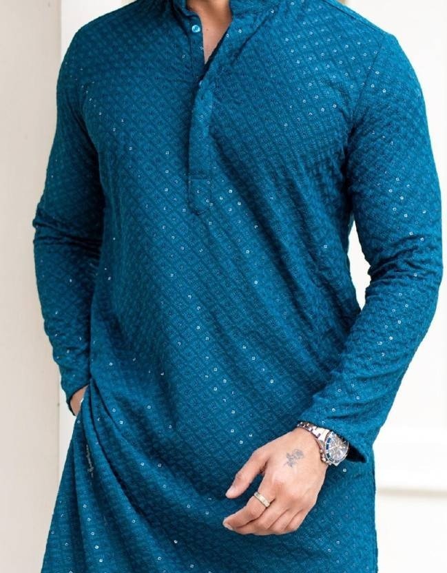 Mens Teal Blue Straight Fit Rayon Kurta