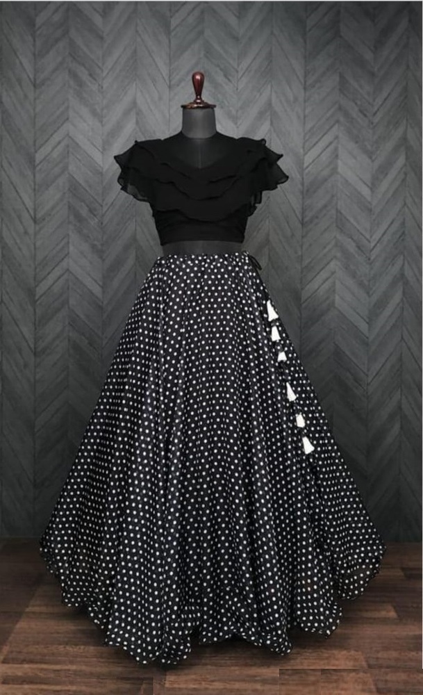 Ladies Black Polka Dot Crop Top Skirt Set