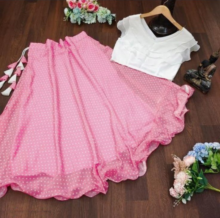 Ladies Pink Polka Dot Crop Top Skirt Set