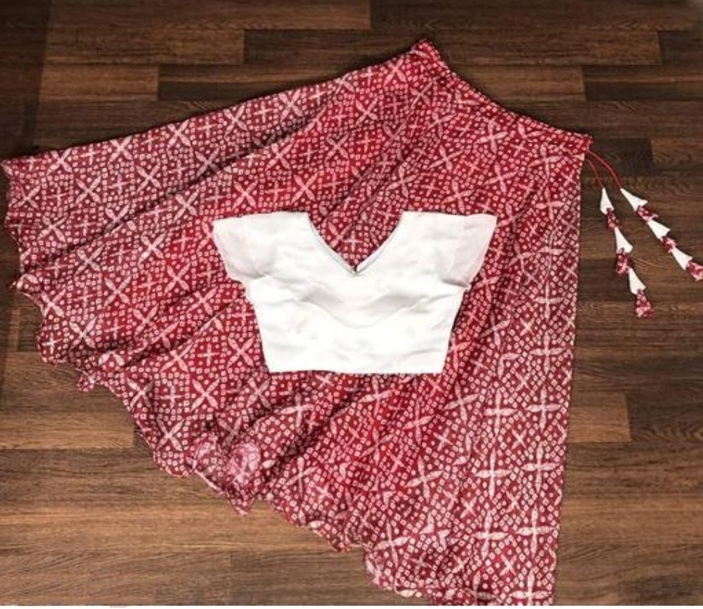 Red Solid Georgette Lehenga And Crop Top Set