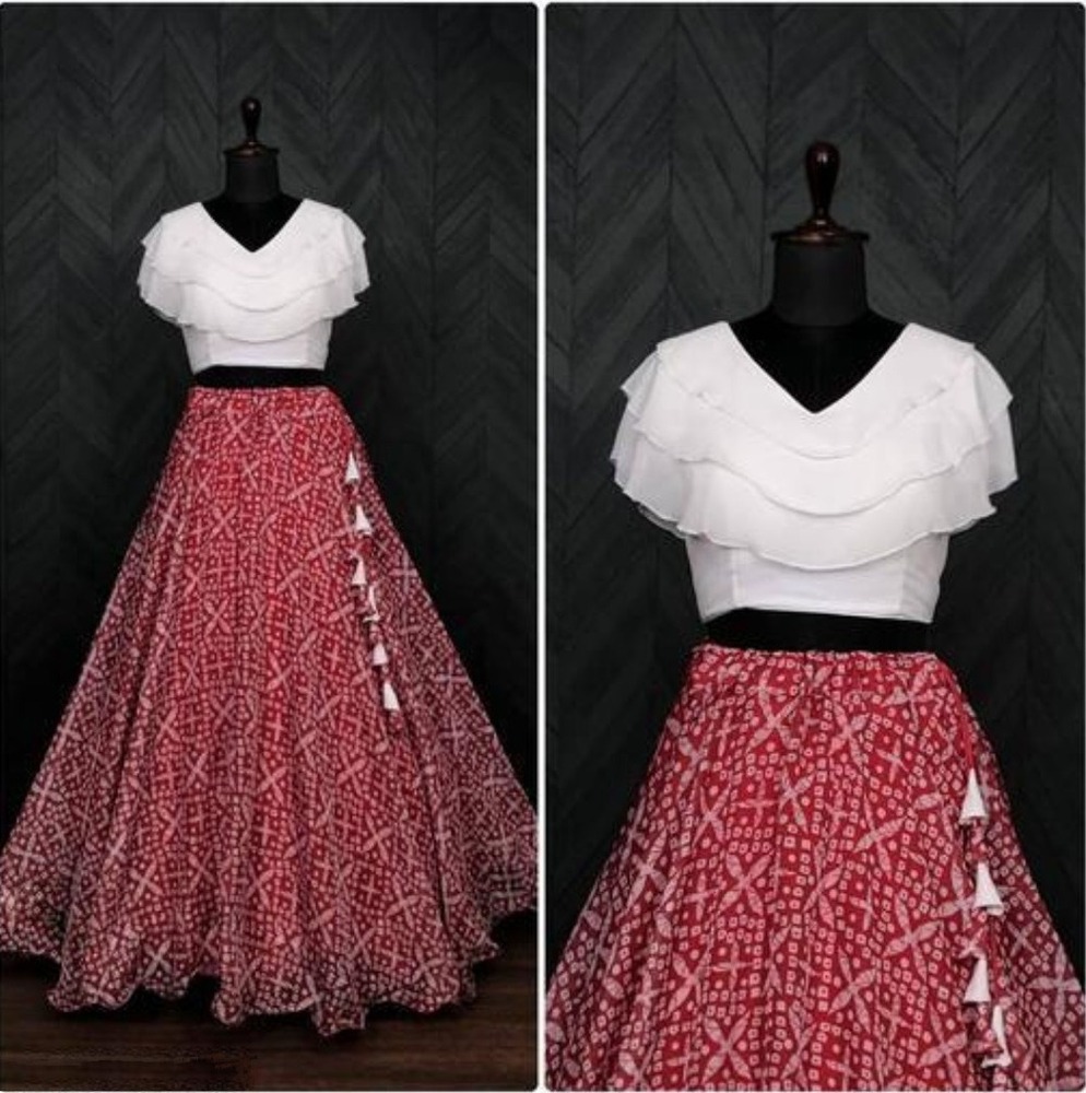 Red Solid Georgette Lehenga And Crop Top Set