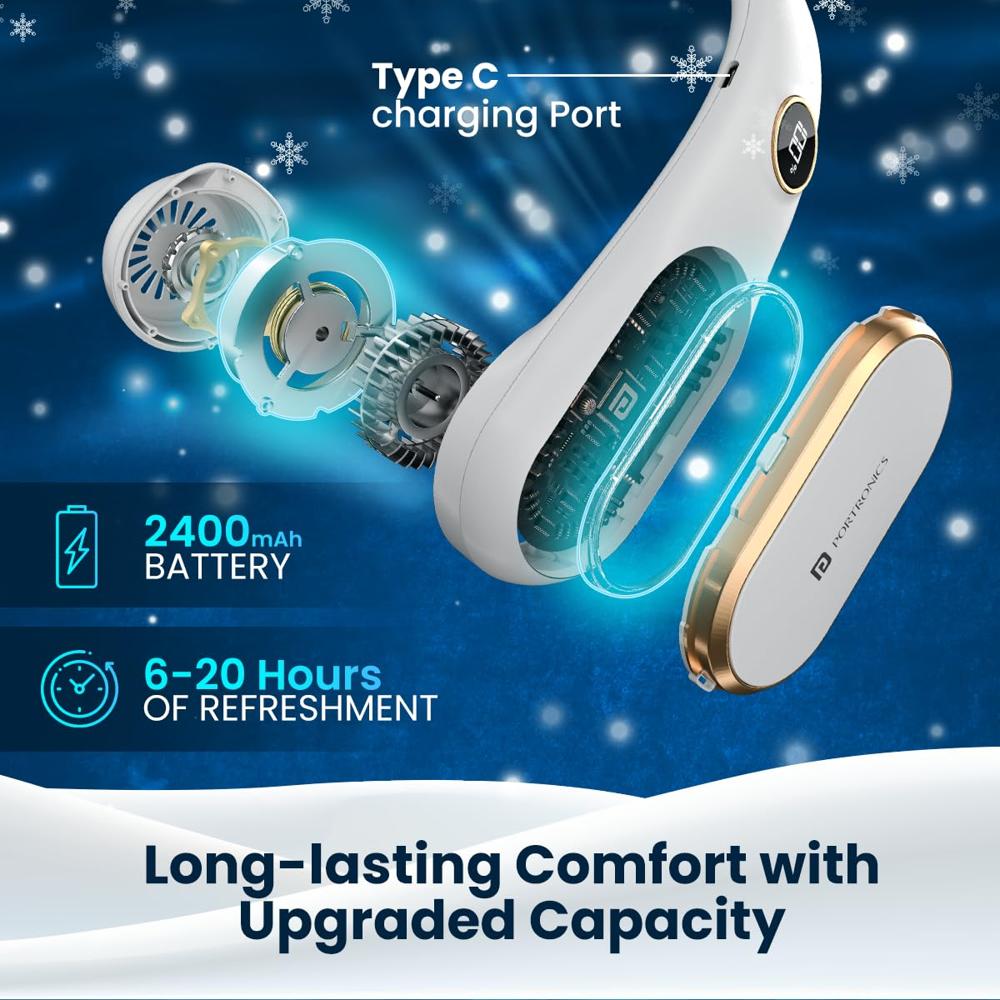 Portronics Gobreeze Portable Rechargeable Neck Fan, Upto 6 Hours Playtime, LED Display,