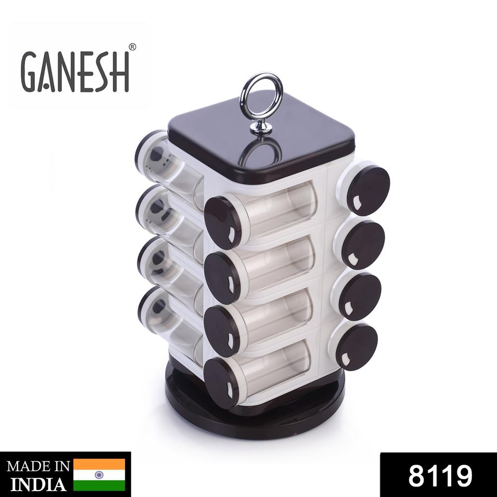 Ganesh Multipurpose Revolving Spice Rack With 16 Pcs Dispenser Each 100 Ml Plastic - Size: 30*18*17