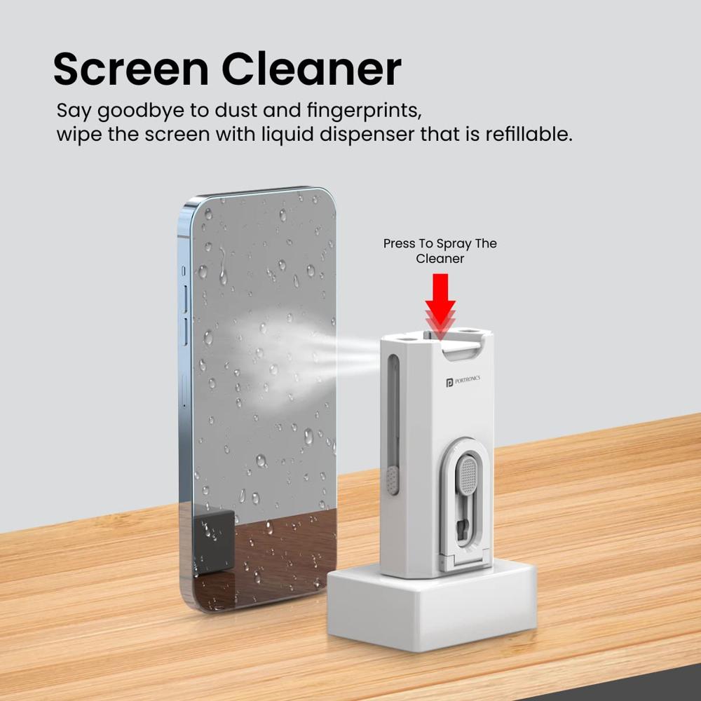 Portronics Clean M Multifunctional 8-in-1 Gadget Cleaning Kit With Mobile Holder - Color: Black & White