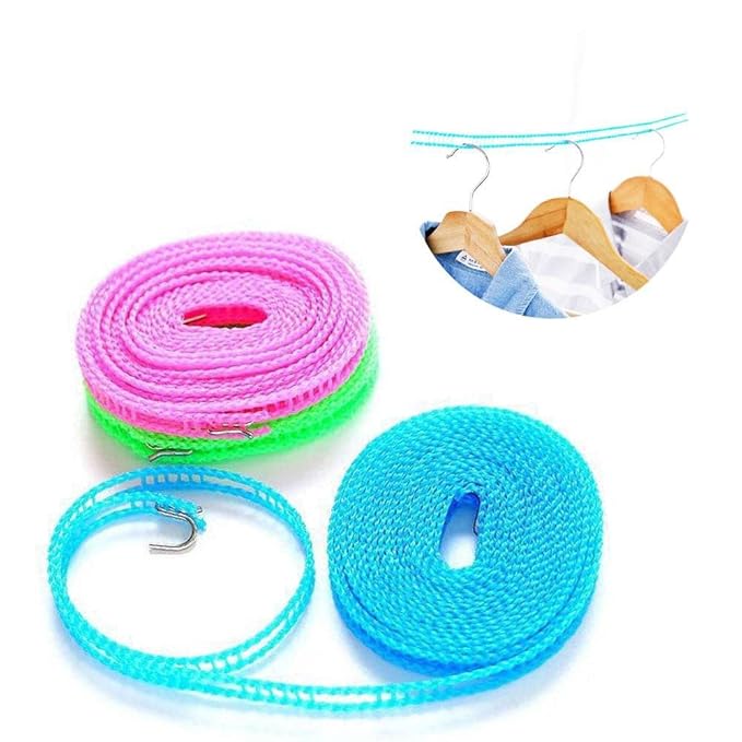 5 Meters Anti-Slip Clothes Washing Line Drying Nylon Rope With Hooks for Hanging, Silver