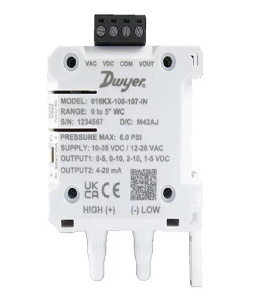 Dwyer Instruments >>616KX-200-105-IN >>Differential pressure transmitter, 2% FSO, 0 to 2