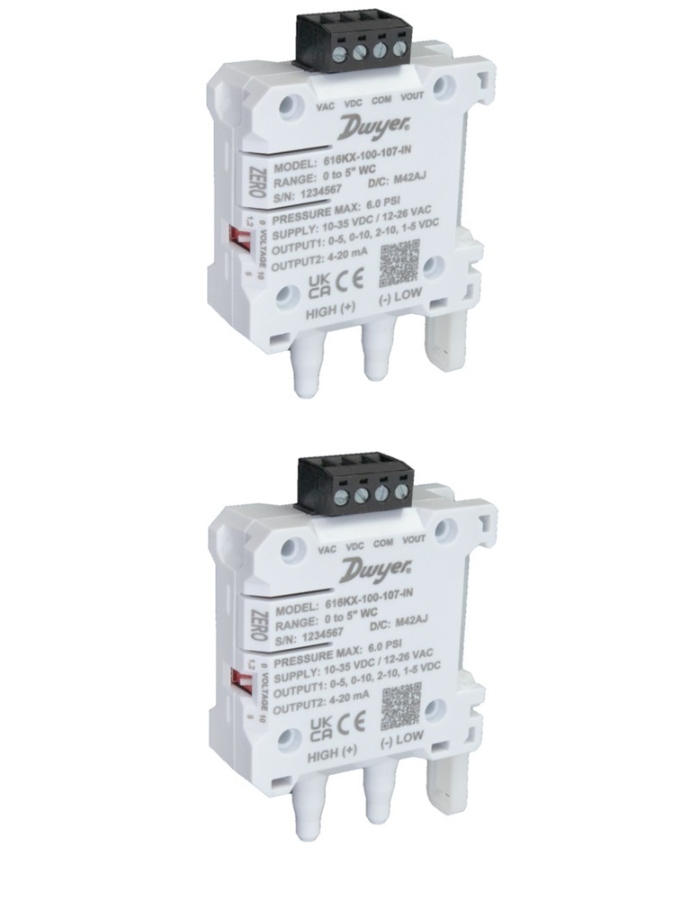 Dwyer Instruments >>616KX-200-105-IN >>Differential pressure transmitter, 2% FSO, 0 to 2