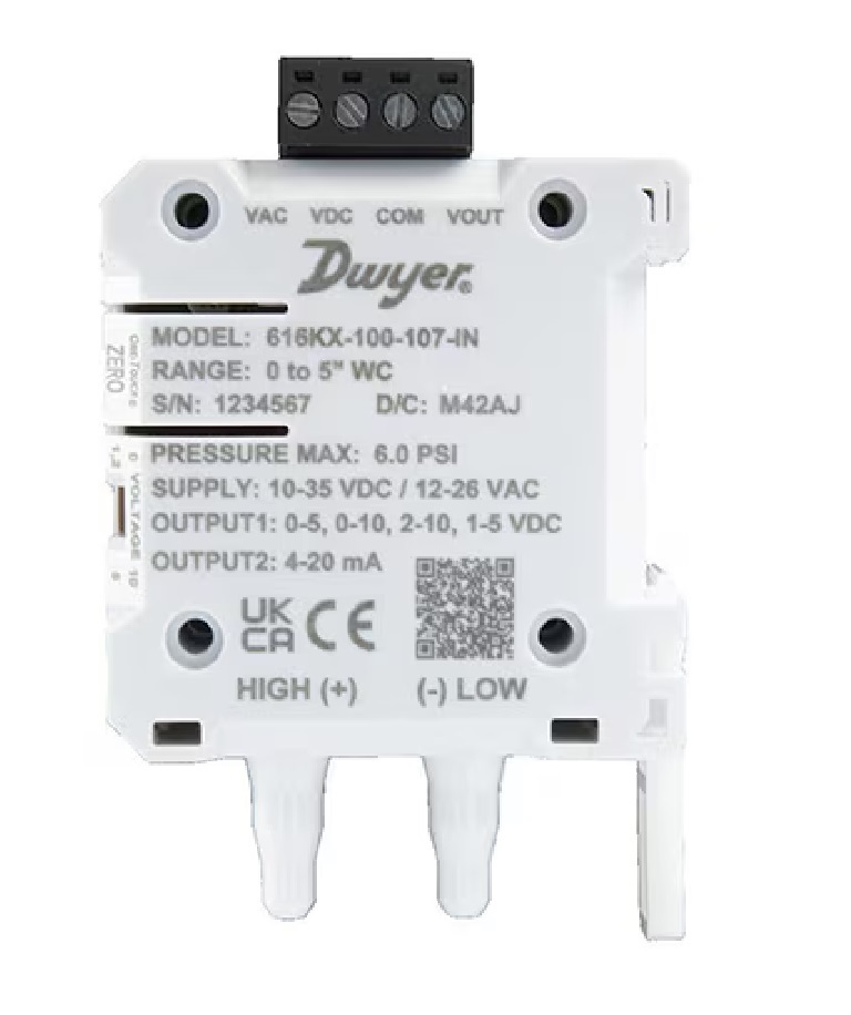 Dwyer Instruments >>616KX-200-105-IN >>Differential pressure transmitter, 2% FSO, 0 to 2