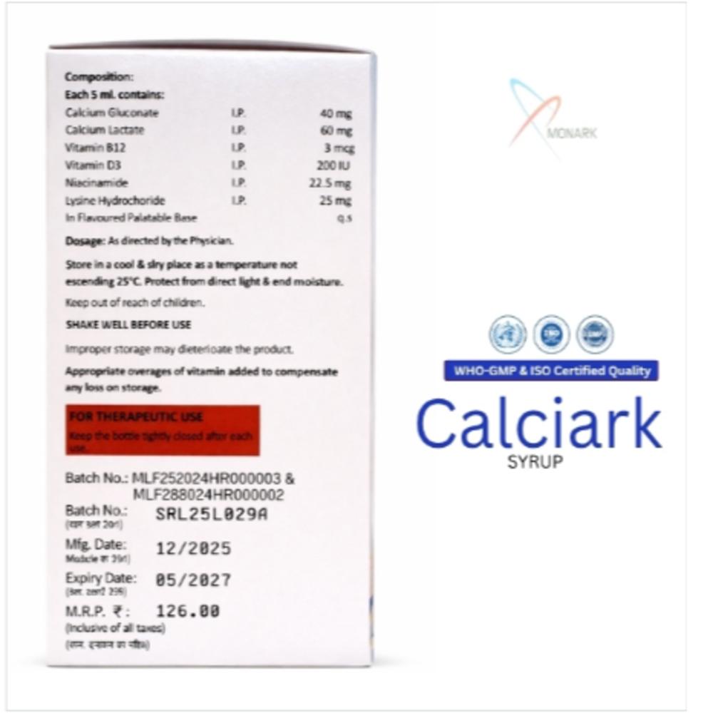 Calcium Gluconate, Calcium Lactate, L-lysine, Cyanocobalamin And Vitamin D3 Syrup - Brand Name: Calciark