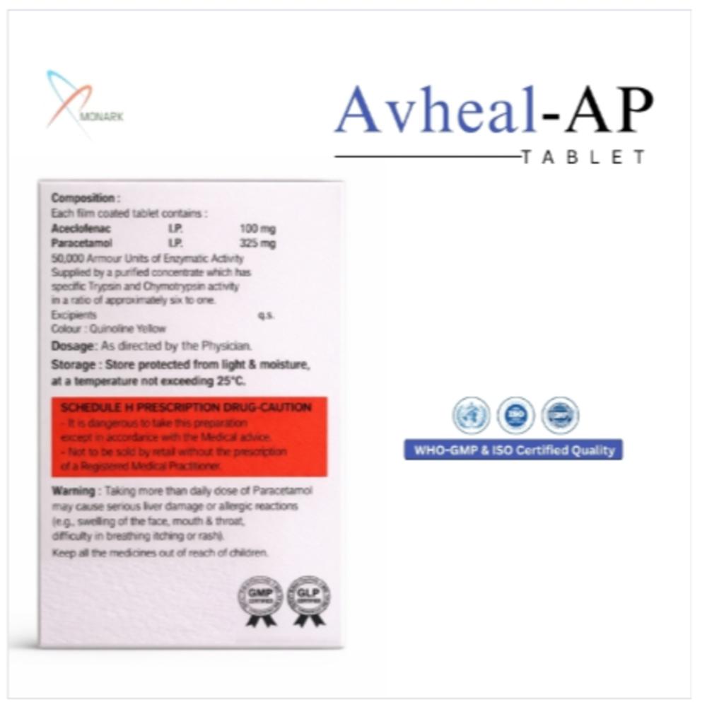 Trypsin Chymotrypsin 6:1 50,000 A.u. + Paracetamol 325mg + Aceclofenac100mg Tablet - Brand Name: Avheal-ap