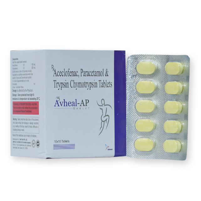 Trypsin Chymotrypsin 6:1 50,000 A.u. + Paracetamol 325mg + Aceclofenac100mg Tablet - Brand Name: Avheal-ap