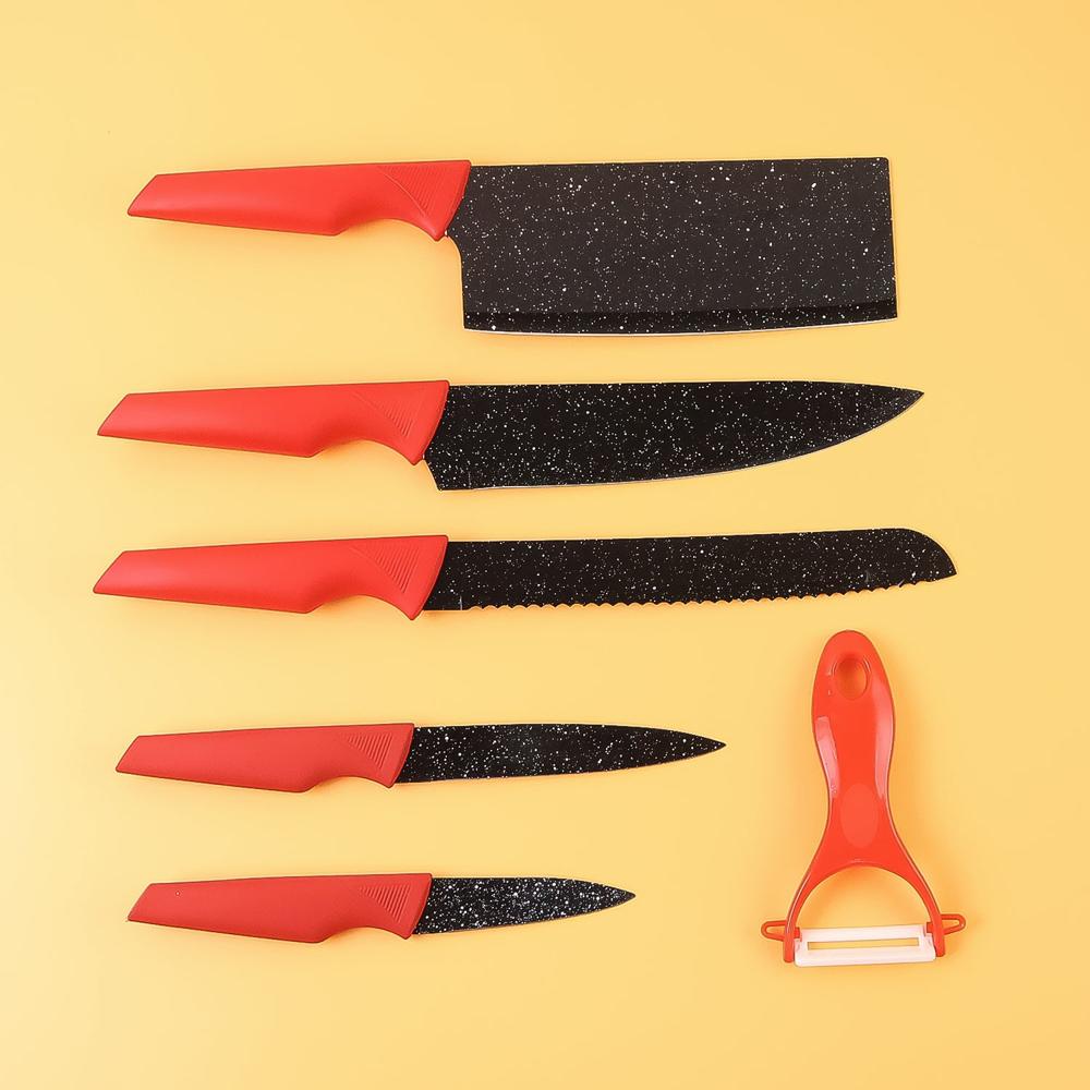 Kitchen Knife Set With Marble Coated Blades, Red Handles (6 Pc) - Color: Mix